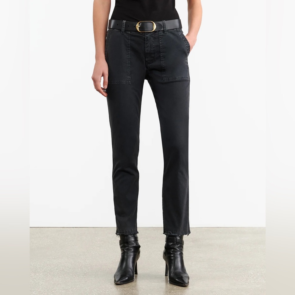 Nili Lotan Jenna Cotton Pant Low Rise Slim Garment Dyed Twill Raw Hem Carbon 00